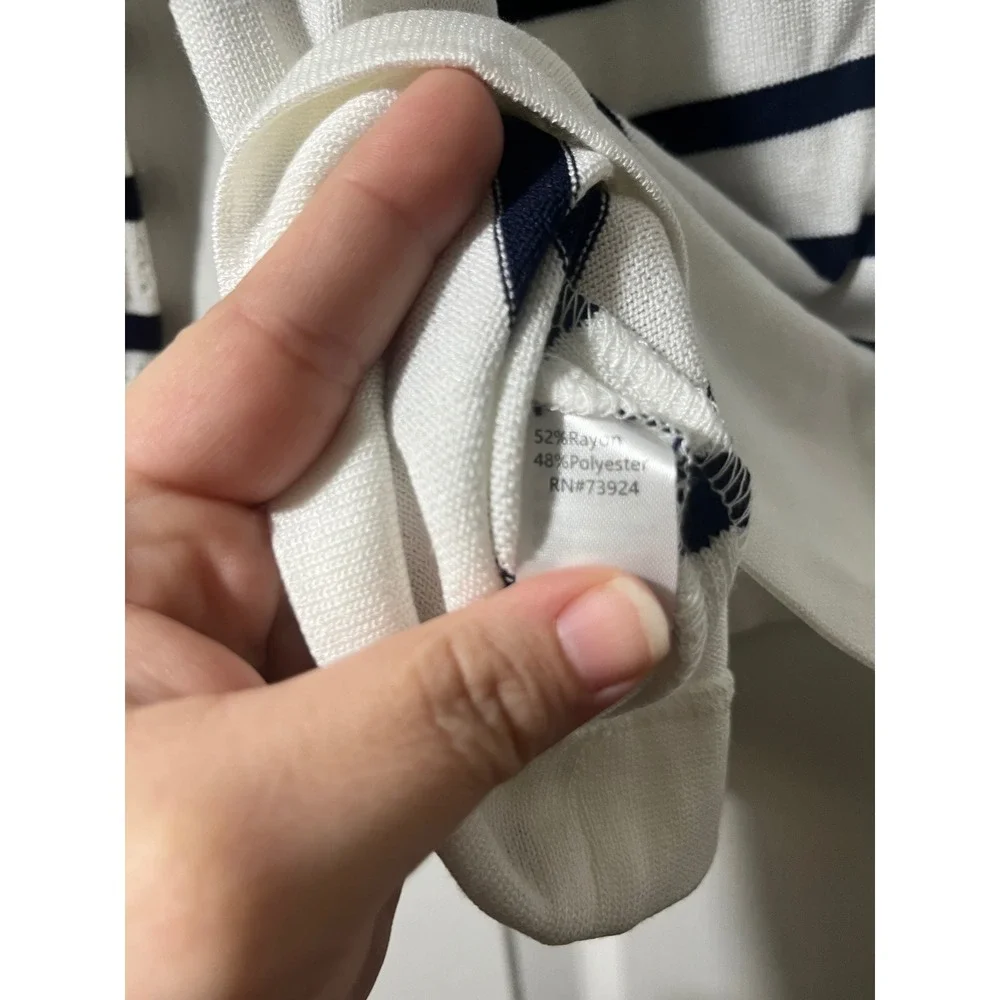 MING WANG Women's White Navy Stripe Square Neck Button Detail Sweater Top Size S
